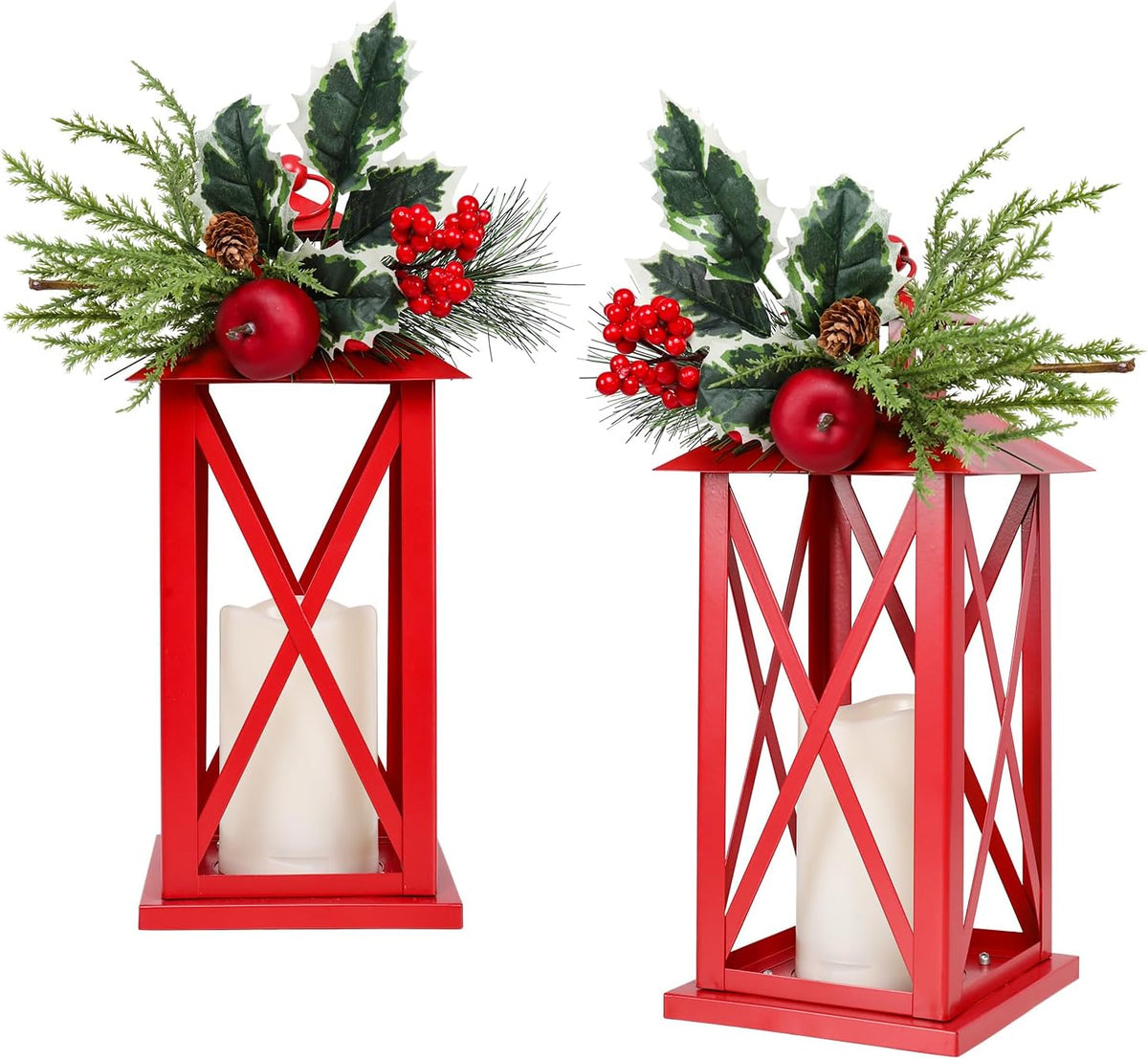 Christmas Decorative Lanterns 2 Pack Outdoor Lantern 13.5" Waterproof Battery Powered LED Hanging Lanterns with Flamessless Candle for Front Porch, Entrance, Indoor, 2 Pack