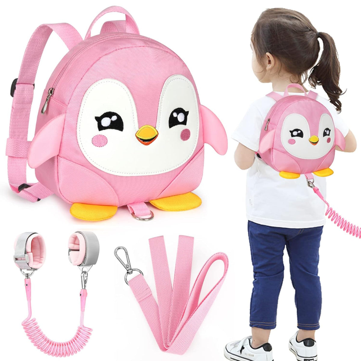 Accmor Toddler Harness Backpack Leash, Cute Penguin Kid Backpacks with Anti Lost Wrist Link, Mini Child Backpack Wristband Tether Strap and Protection Leashes Travel Bag Harness Rein for Baby Girls