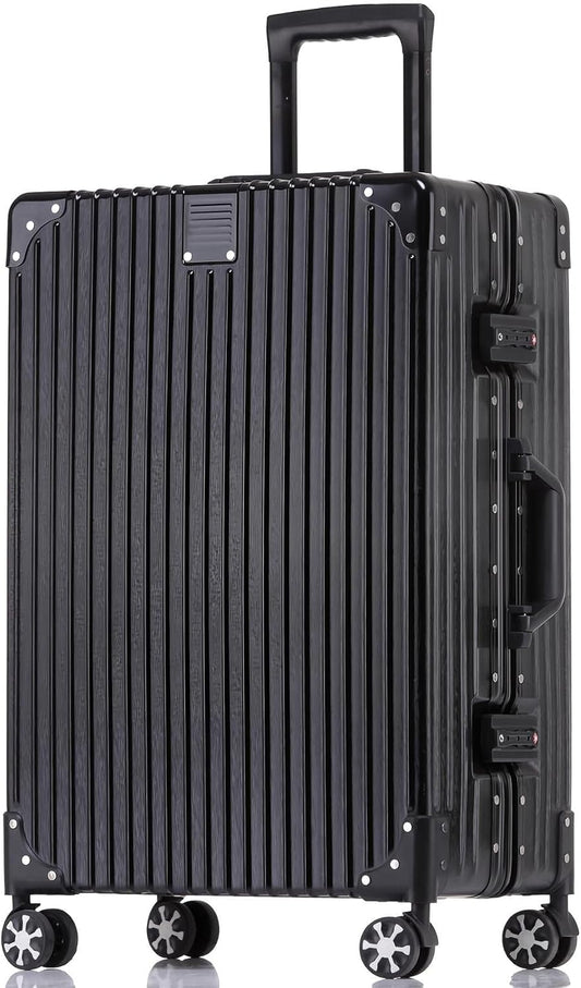 HotWay 22 Inch Checked in Luggage with Aluminum Frame,PC Hard Shell Suitcase with Spinner Wheels and TSA Lock, Large Suitcase for Travel, Black