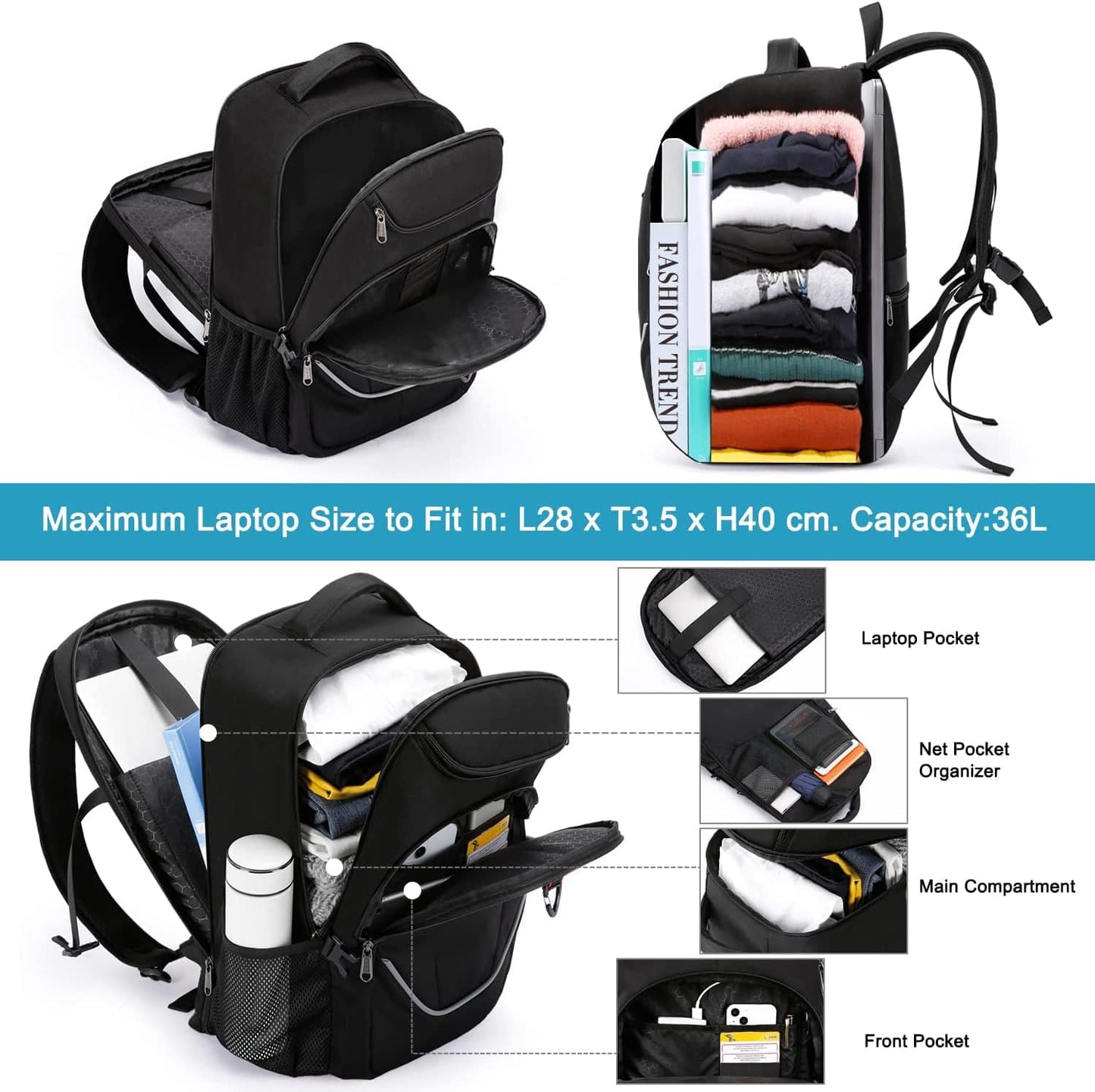 Travel Laptop Backpack, Anti Theft Backpack for Men and Women with USB Charging Port Business Computer Backpack Bag (Black 2811-17 Inch)