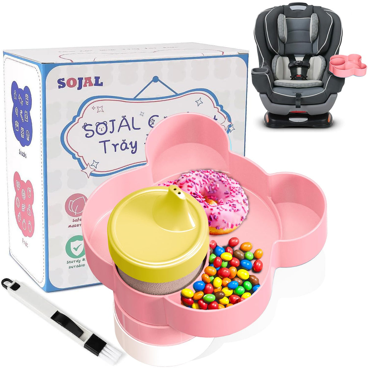 BlueOrigin Car Seat Snack Tray - Travel Tray for Kids Car Seat, Stroller, Booster and Anywhere with a Cup Holder, Toddler Road Trip Essentials Food Plate for Snacks, Toys, Entertainment (Pink)