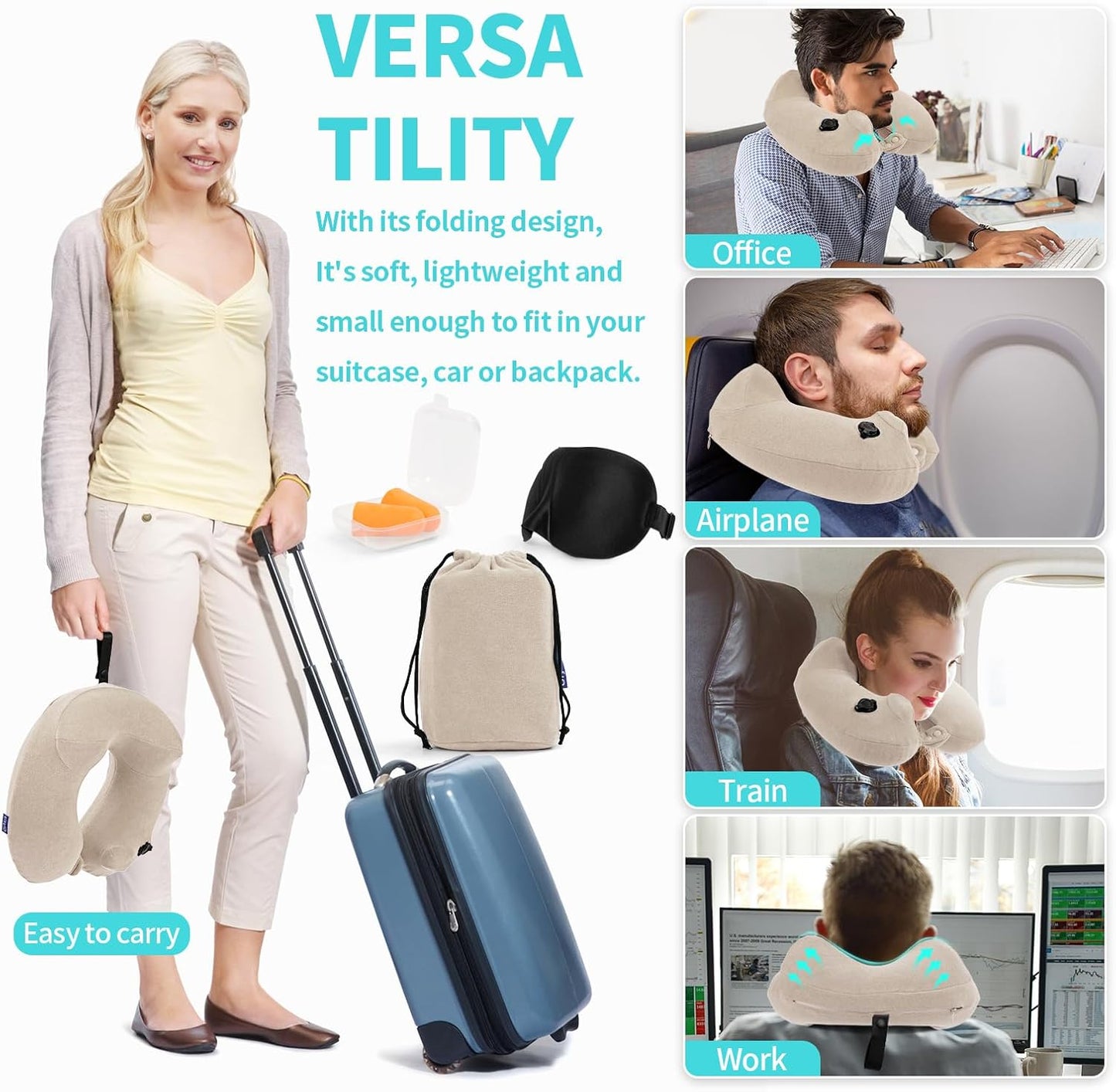 2 Pack Inflatable Travel Neck Pillows for Airplanes, Head Support Velvet Adult Neck Pillows for Long Flight, Kit with Eye Mask, Earplugs and Storage Bag, 2, Beige