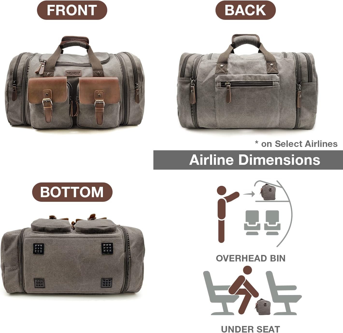 Wildroad 50L Travel Duffel Bag, Expandable Canvas Genuine Leather Duffle Bag Upgraded Overnight Weekender Carry on Bag