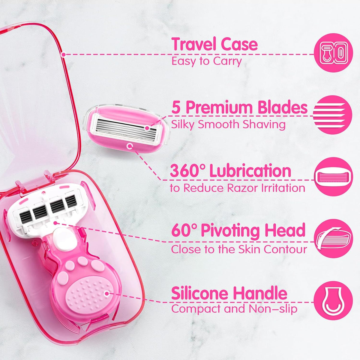 DreamGenius Travel Razors for Women Include 1 Handle and 5 Cartridges, Extra Smooth 5-Blade Travel Essentials Razor with Case for Shaving, Pink