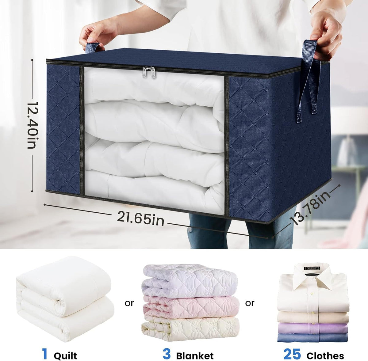 Fab totes 3 Pack Clothes Storage, Foldable Thick Fabric Blanket Storage Bags, Containers for Organizing Bedroom, Closet, Clothing, Comforter,Closet Organization with Handle,Blue