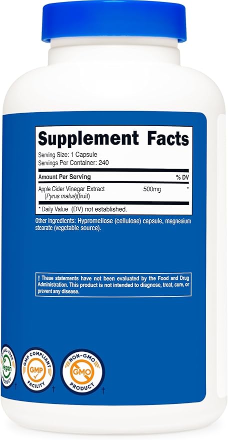 Nutricost Apple Cider Vinegar Capsules 500mg, 240 Vegetarian Capsules - Natural, Vegetarian, GMP, Non-GMO and Gluten Free
