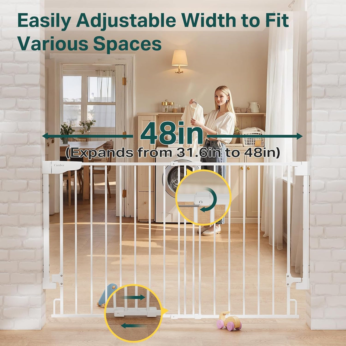 Cumbor Expandable 31.6-48" Baby Gate for Stairs, Wall-Mounted, 2-in-1 No Bottom Bar Dog Gate Indoor, Auto Close Pet Gate for Doorways with Large Walk Thru Door, Child-Proof Gate for Kids (White)