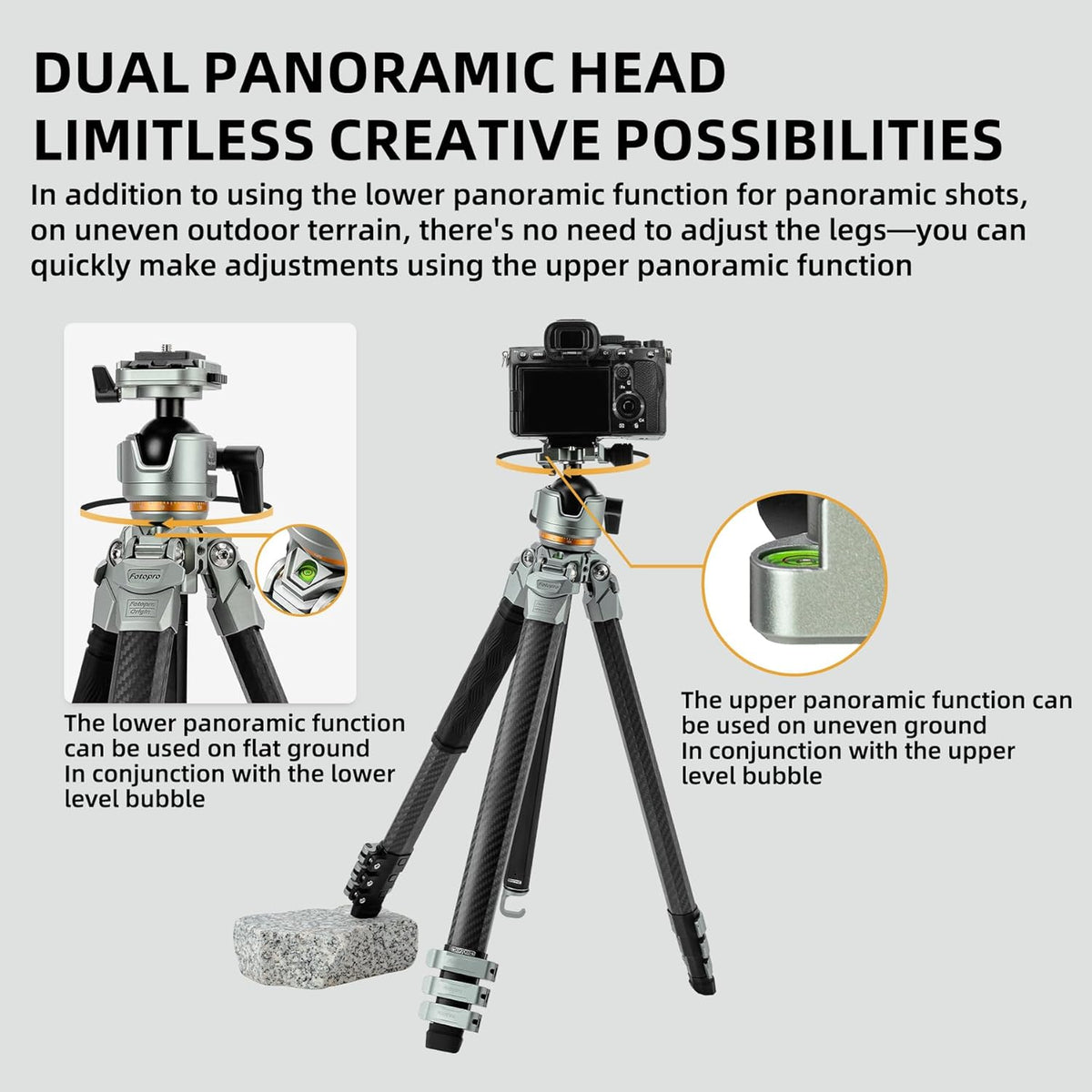 Fotopro Compact Carbon Fiber Travel Tripod, 60 inches Professional Heavy Duty Tripod with Profile Legs Super-Large Ball Head Weatherproof Bag, Fotopro Origin Plus Golden Max Load 44lbs