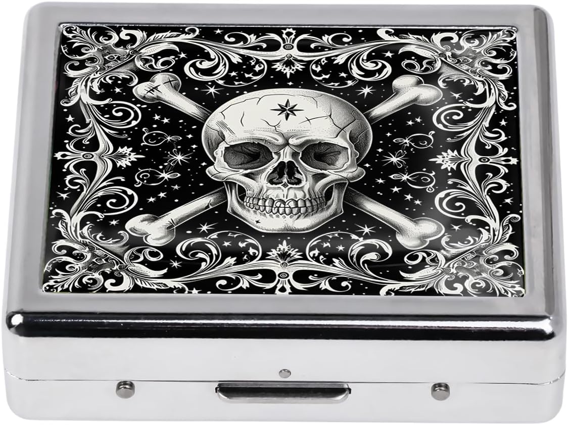 Cute and Stylish Metal Pill Box - Compact Portable Pill Organizer with 8 Compartments, Food-Grade Divider, Ideal for Travel, Vitamins, Jewelry, Cosmetics (Crossbones Starlight)
