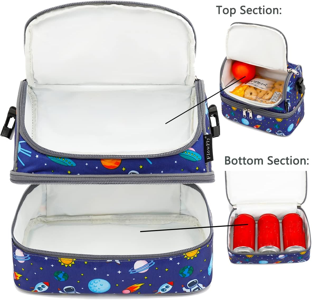 FlowFly Kids Double Decker Cooler Insulated Lunch Bag Large Tote for Boys, Girls, Men, Women, With Adjustable Strap, Astronaut