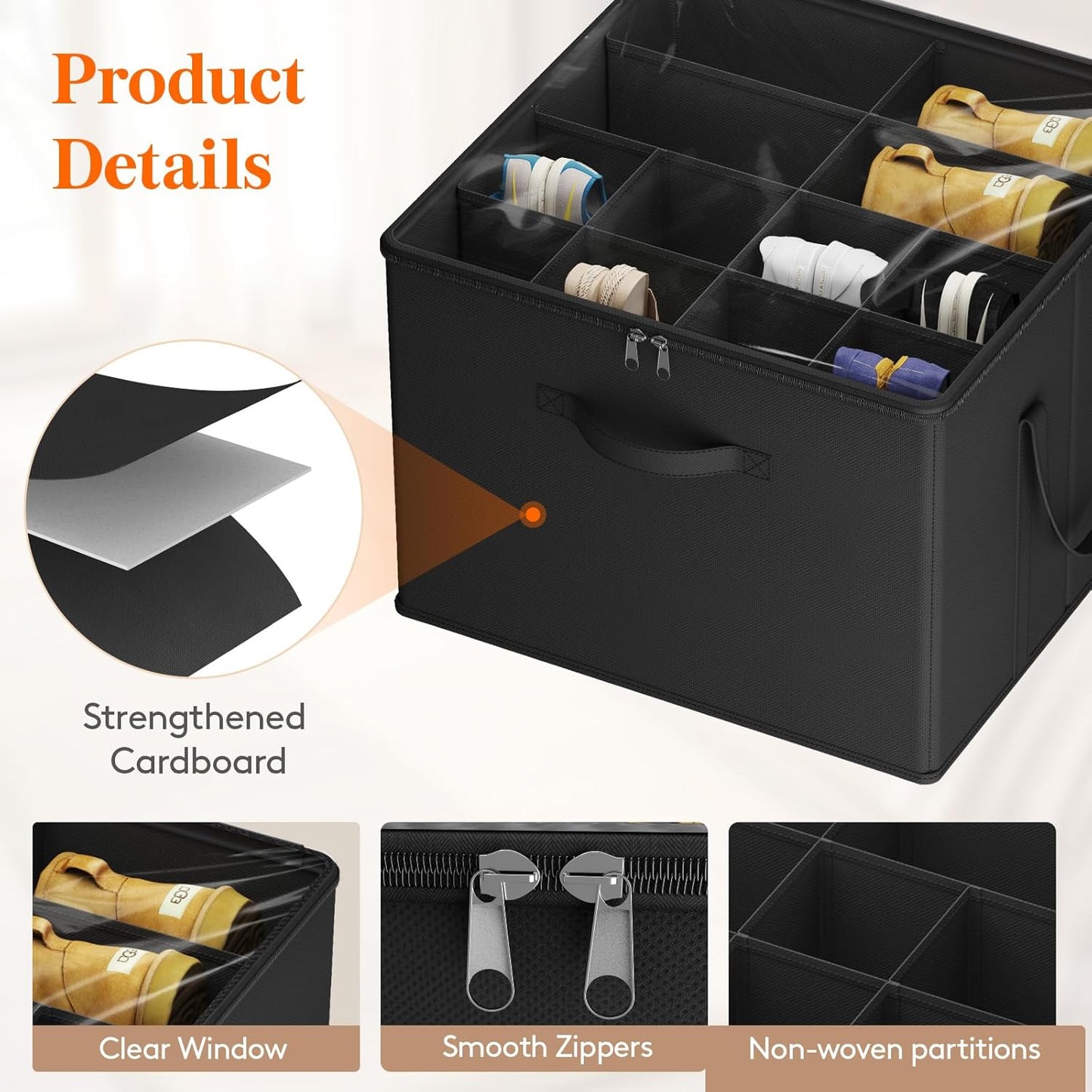 Lifewit Shoe Storage Organizer for Closet, Fits 12-16 Pairs, Large Shoe Box Storage Containers with Clear Cover and Reinforced Handles, Foldable Storage Bins Fit for Boots Heels Sneakers, 1 Pack Black