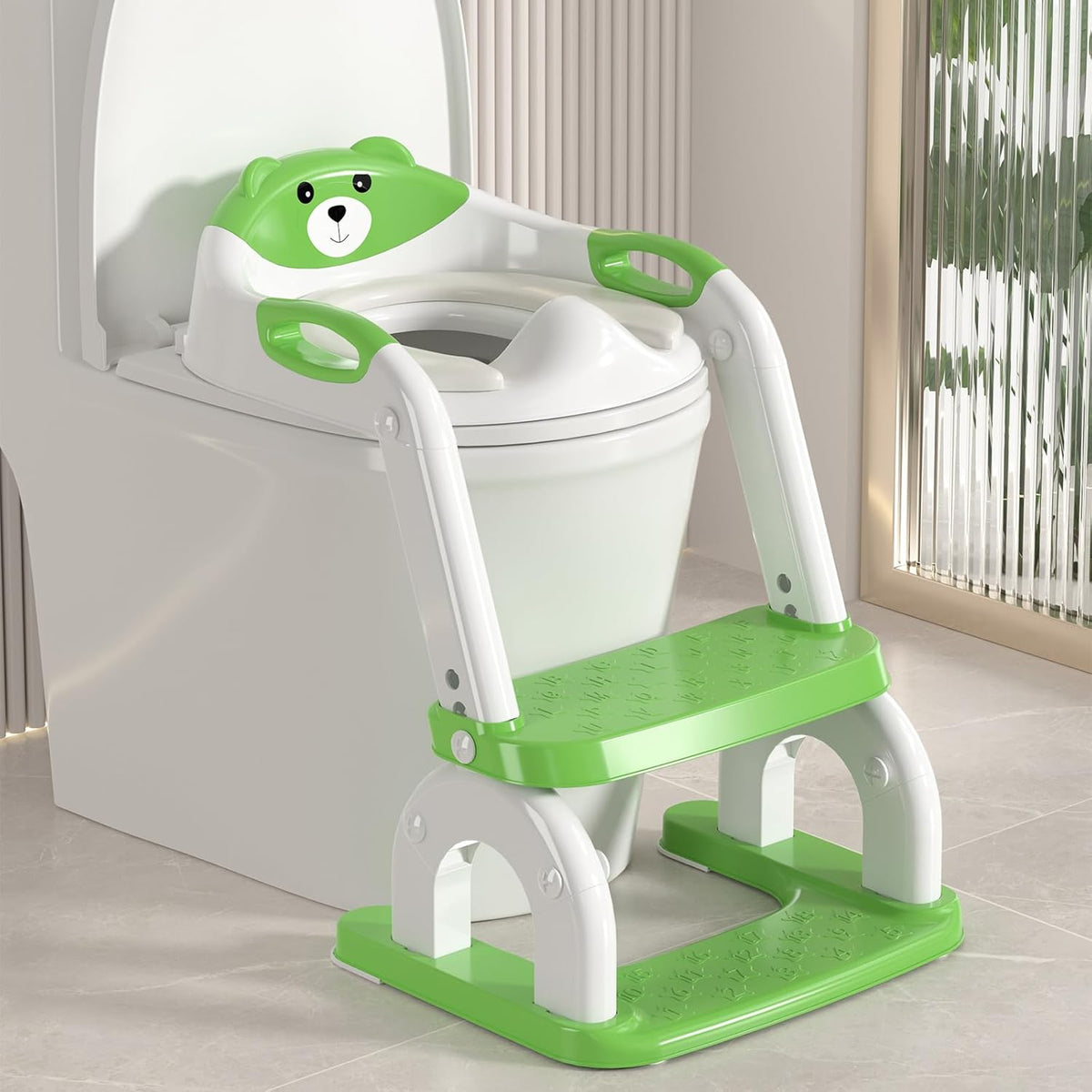 Potty Training Seat Upgraded 2-in-1 Potty Toilet for Kids Boys and Girls, Adjustable Step & Seat Height with Splash Guard Anti-Slip Pad Step Stool(Green)
