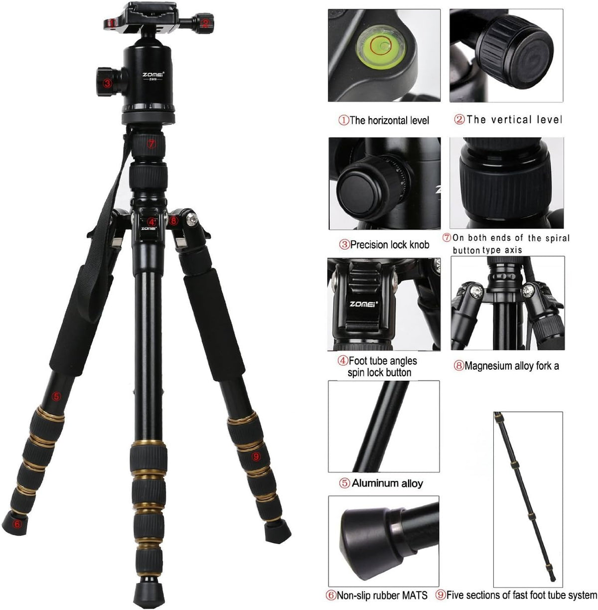 ZoMei Z669 Magnesium Aluminum Alloy Travel Camera Tripod with Ball Head for Canon,Sony,DSLR