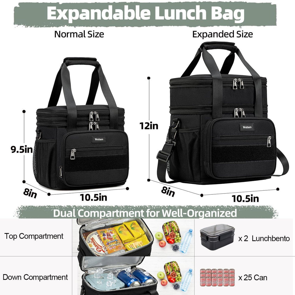 Weitars Lunch Box for Men Women Dual Compartment Lunch Box Heavy Duty Large Insulated Tactical Lunch Bag Durable Cooler Bag With Shoulder Strap for Adults Work Picnic Road Trip