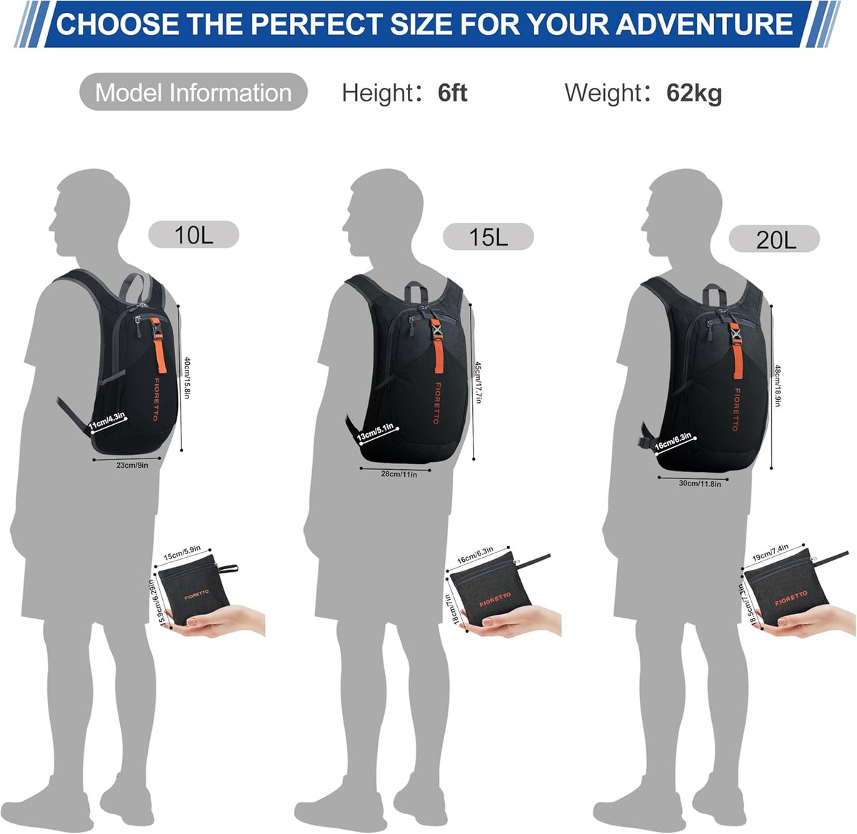 FIORETTO 10L Hiking Backpack for Women Men Mini Packable Backpack Lightweight Small Daypack for Camping Travel Outdoor, Black