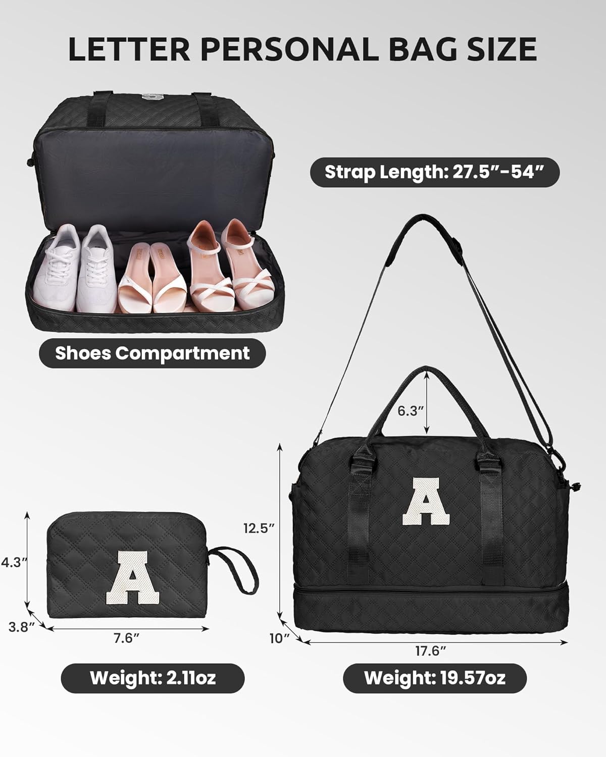 Gifts for Teen Girls-Initial Duffle Bag with Shoe Compartment, Personalized Weekender Bag, Monogram Overnight Bag, Letter Travel Bag with Makeup Bag，Personalized Gifts (Letter F)