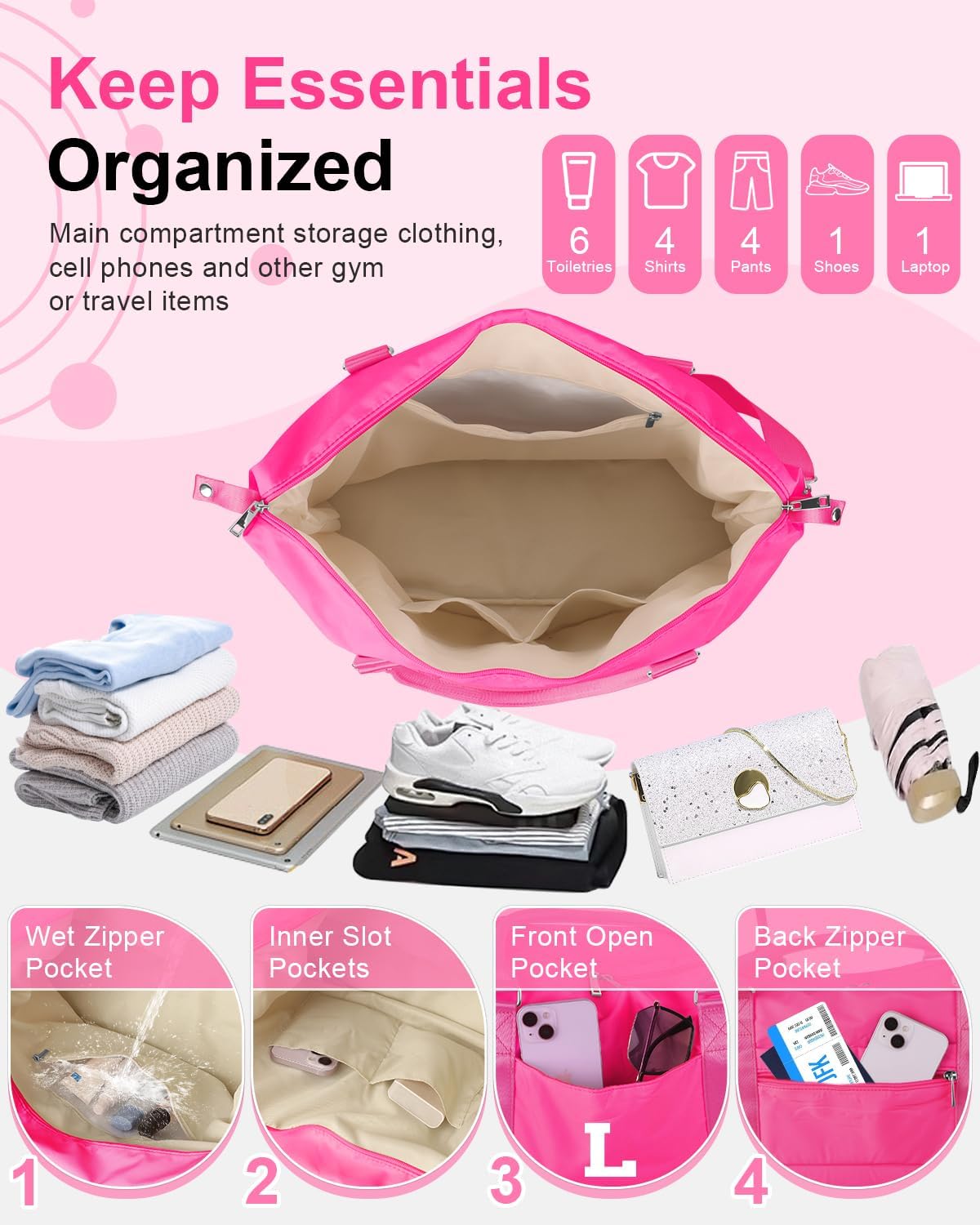 Overnight Bag for Kids Teen Girls Weekender Dance Bag Birthday Graduation Gifts,Initial Travel Duffel Bag Sports Gym Bag Personalized Weekender Bag Carry On Bags Preppy Gifts for Women(Hot Pink, L)