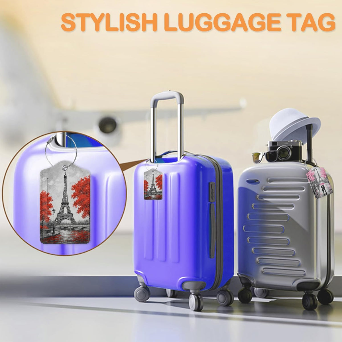 Eiffel Tower Paris 3 PCS PU Leather Luggage Tags for Suitcase, Luggage Tag with Privacy Flap, Name ID Label and Metal Loop for Women Men Baggage Handbag School Bag Backpack