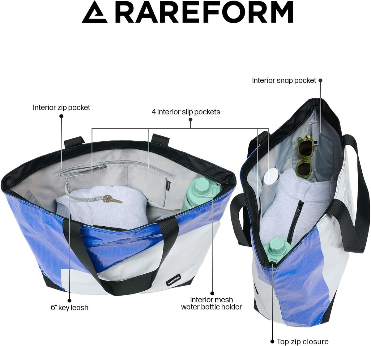 Rareform Large Zippered Blake Tote Bag | One-of-a-Kind, Water-Resistant, Recycled Billboard Vinyl | Color and Pattern Vary