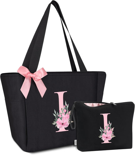 Vavabox Tote Bag, A-Z Initial Monogrammed Waterproof Tote Bag, Bridesmaid Gifts for Women, Black and Pink