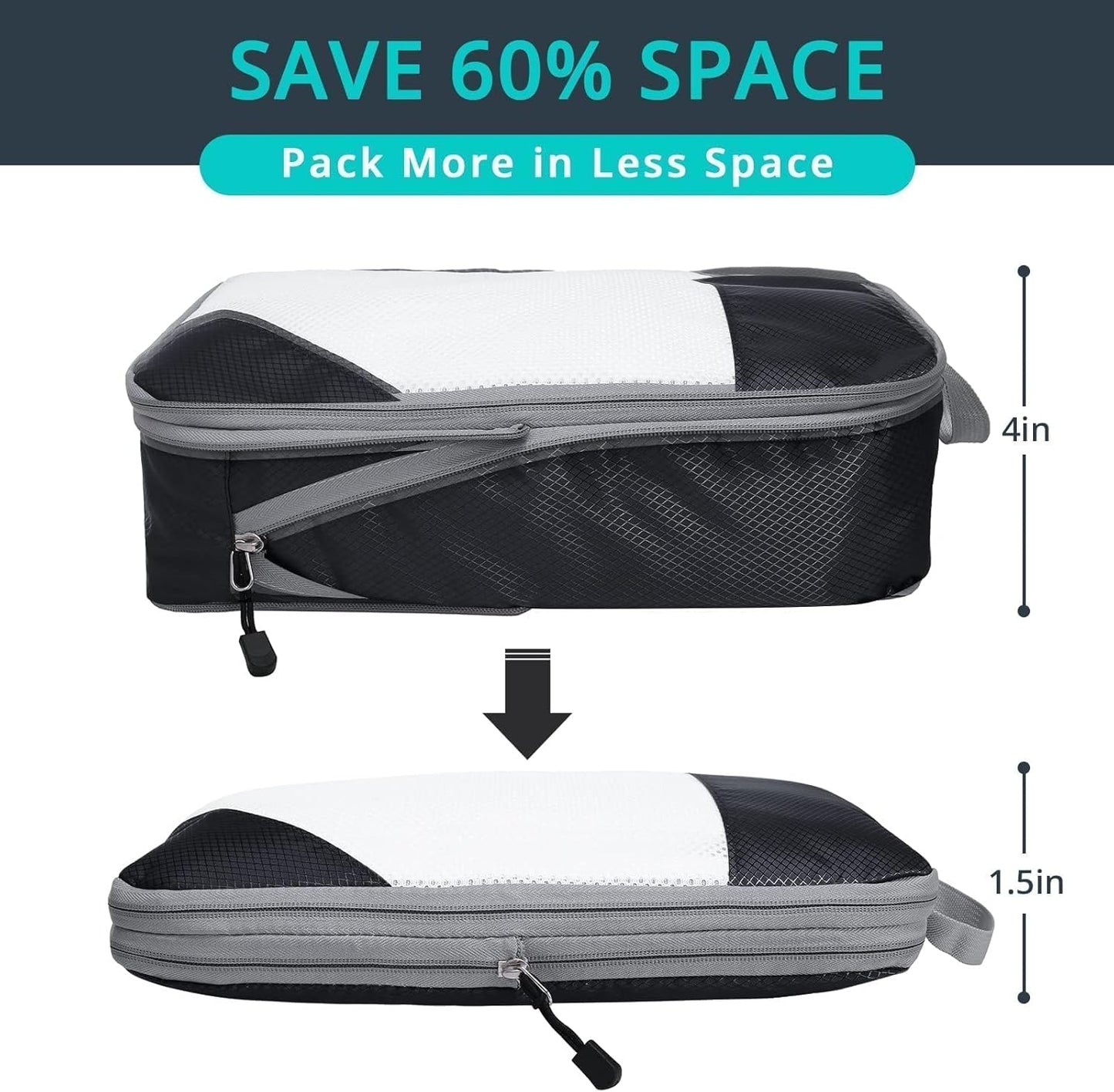 3 Set Compression Packing Cubes for Travel - Compressible, Lightweight, and Space-Saving Packing Cubes, Travel Essentials for Women, Black