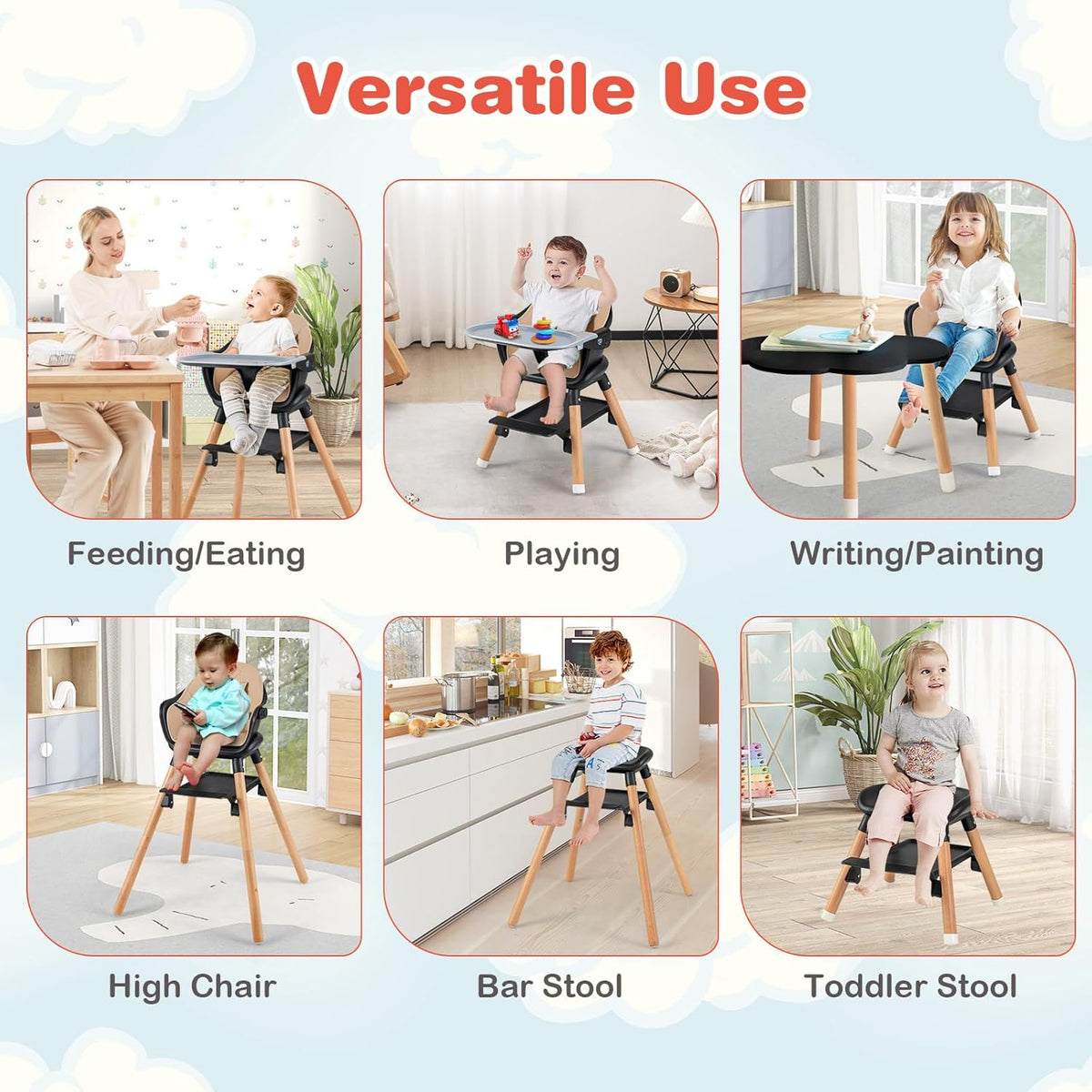 HONEY JOY Baby High Chair, 6 in 1 Convertible Wooden Highchair for Babies and Toddlers/Chair/Bar Stool, Removable Double Tray & Reversible Footrest, Safety Harness for Infant Boys Girls (Coffee)