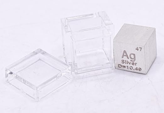 0.39" 10mm Silver Argentum Metal Cube Ag up to 99.9% Pure Periodic Table Element Engraved Density Collection Science Education Display Block Cube + Acrylic Case Box - 1PC