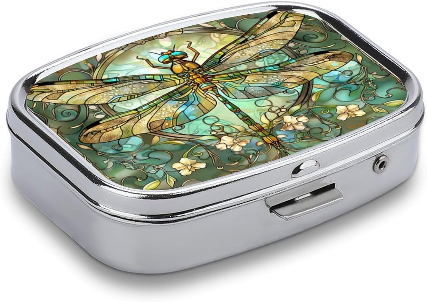 Metal 2 Compartment Pill Organizer Travel Friendly Portable Compact Pill Box Cute Pill Case to Hold Vitamins,Fish Oil,Supplements,Meds,Tablet for Purse,Pocket. (Dragonfly)