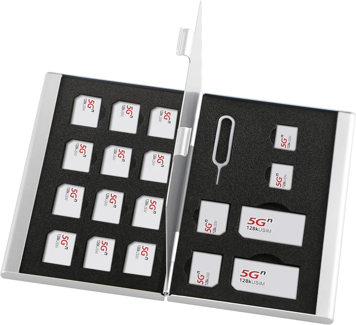 Aluminum SIM Card Case, 19Slots Ultrathin SIM Card Holder, Fit for 2 SIM Card, 14 Micro sim Card, 2 Nano sim Card and 1 Cell Phone Eject Pin Slots, Silver