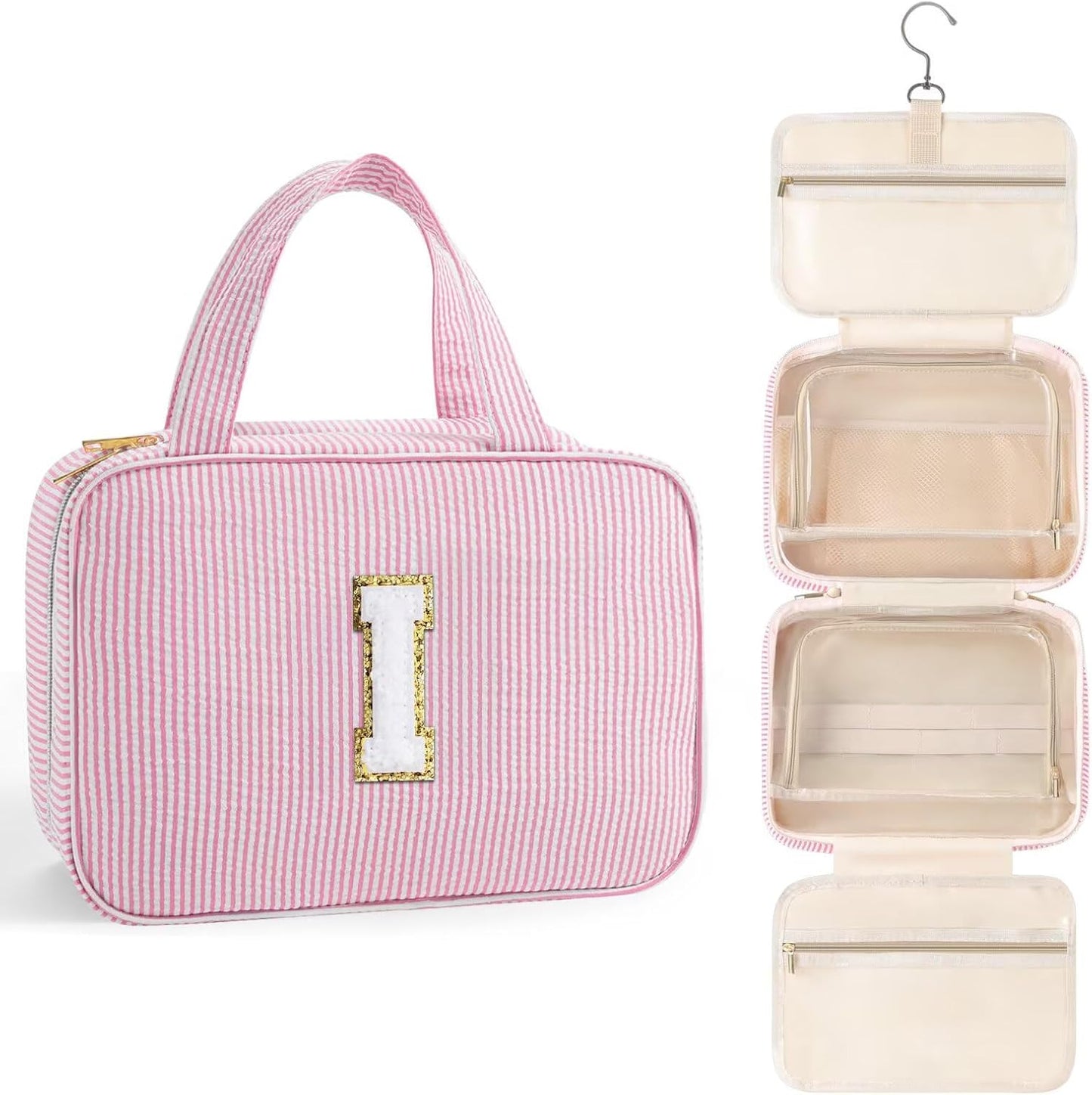 TOPEAST Travel Toiletry Bag for Women - Hanging Toiletry Bag Initial Makeup Bag, Portable Toiletries Cosmetic Bag, Airplane Travel Essentials - Letter I, Pink