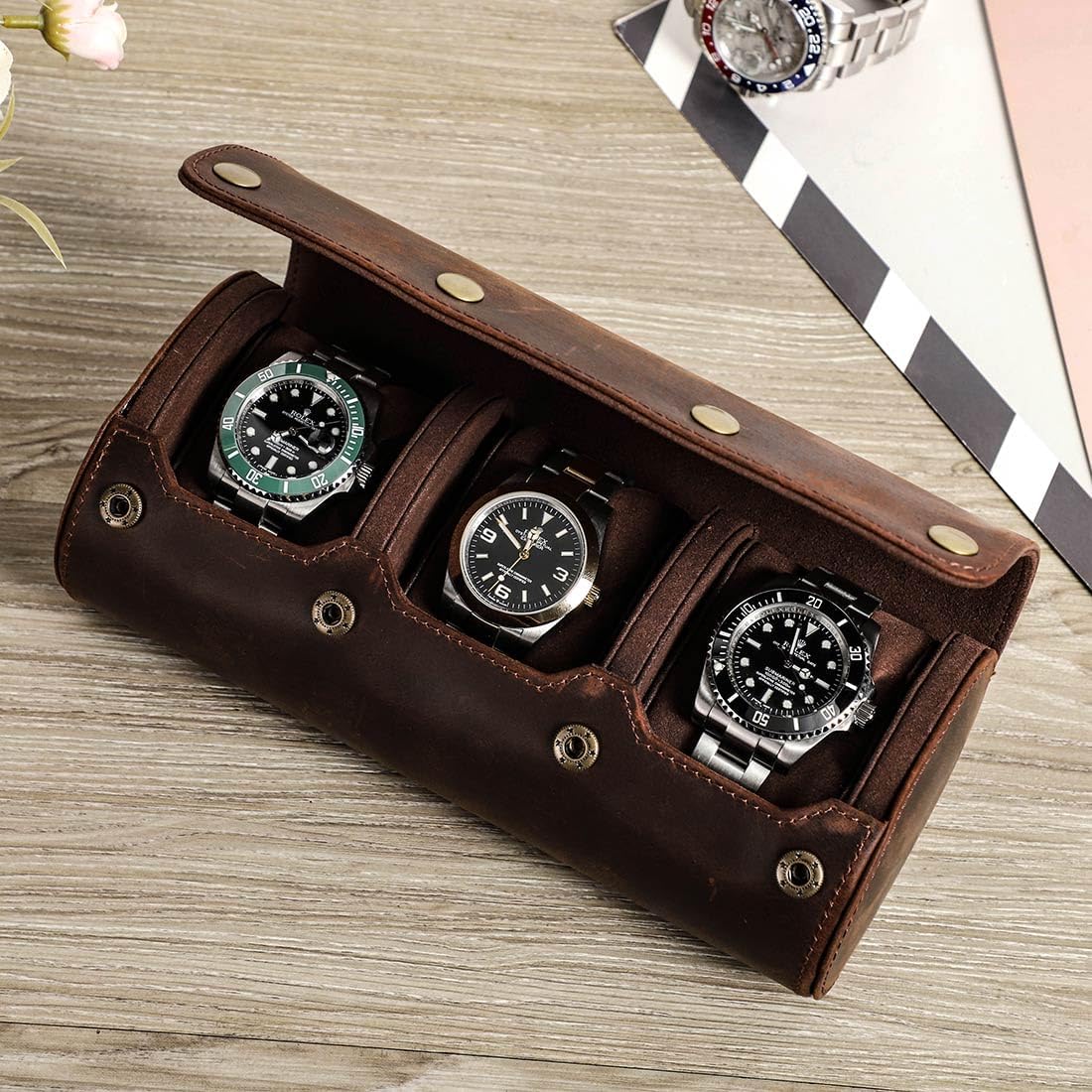 Genuine Leather Watch Roll Travel Case,3 Slots Vintage Full Grain Leather Watch Box with Pillow for Men,Watch Storage Organizer for Home Storage,Anniversary Birthday Christmas Gift