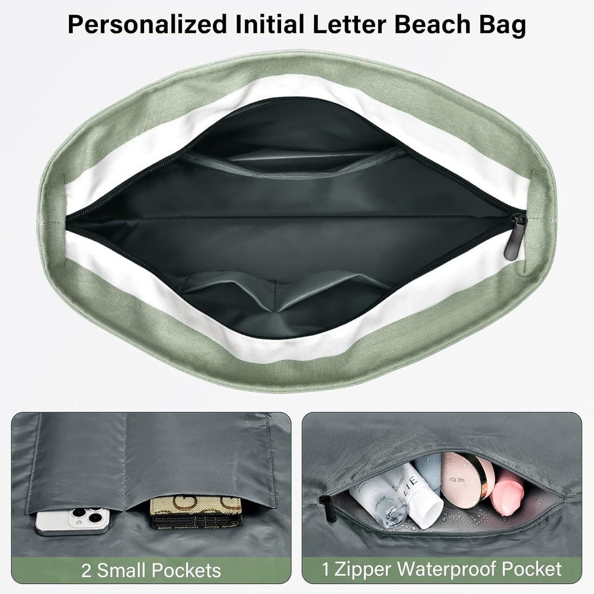 Becokan Beach Bag Initial Beach Tote with Makeup Bag for Travel Work Storage Personalized Birthday Gifts for Women Her