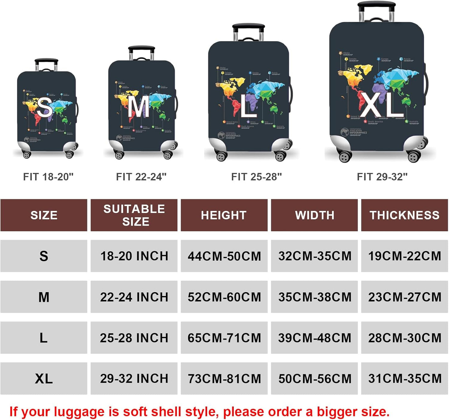 WUJIAONIAO Travel Luggage Cover Baggage Suitcase Cover Protector Skins 18-32 Inch (map, L (for 25-28 inch luggage))