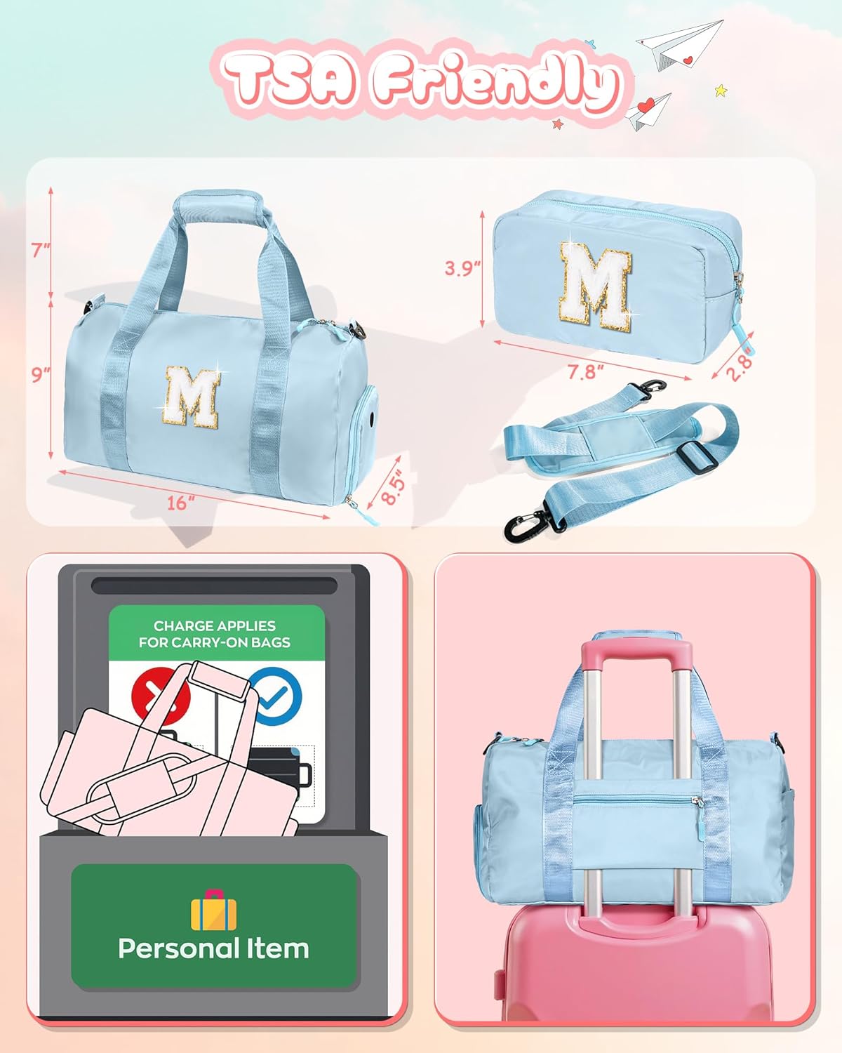 Birthday Gifts for 3 4 5 6 7 8 9 10 11 12 Year Old Girls-Girl Gym Bag with Shoe Compartment, Kid Personalized Weekender Ballet Bags, Initial Travel Tote with Makeup Pouch (Letter B)