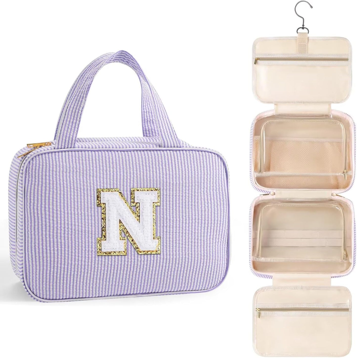 TOPEAST Hanging Toiletry Bag for Women - Travel Toiletry Bag Makeup Bag, Portable Toiletries Cosmetic Bag, Airplane Travel Essentials - Letter N, Purple