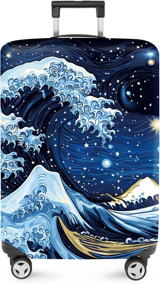 ANNA QUEEN Starry Ocean Wave Luggage Cover, Suitcase Protector with Artistic Van Gogh Style, Stretchable, Washable Travel Cover for 24-26 Inch Luggage