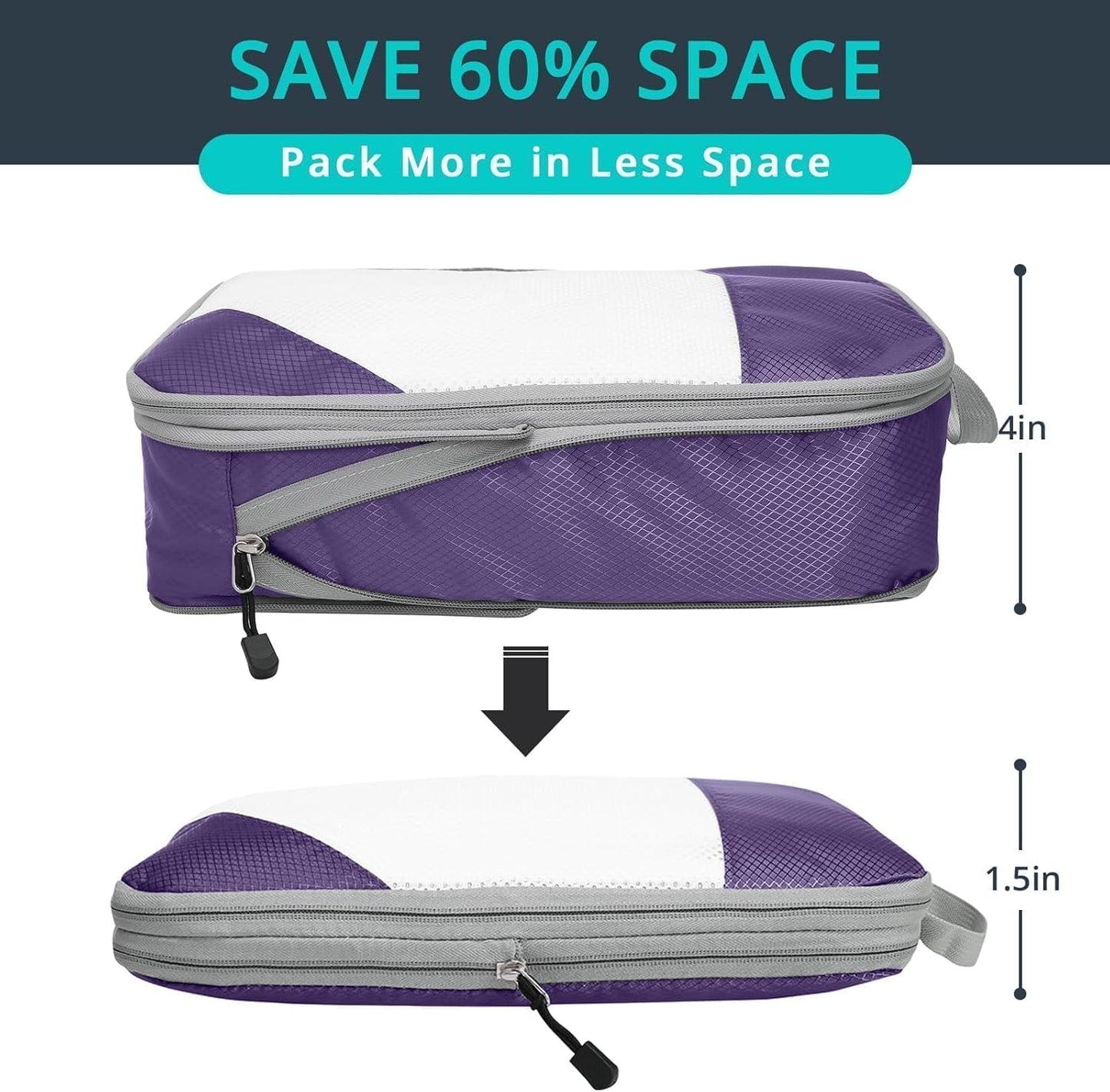 Compression Packing Cubes 6 Set, Compressible Space-Saving Packing Cubes for Travel - Compression Bags, Luggage Organizer, Travel Essentials for Women, Purple