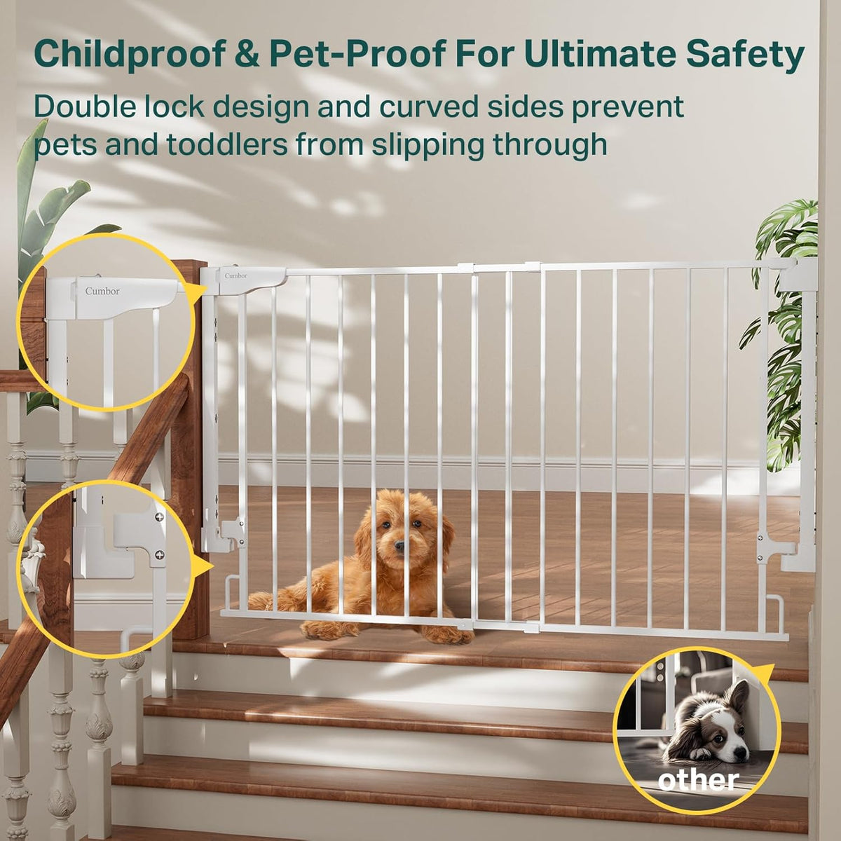 Cumbor Expandable 31.6-48" Baby Gate for Stairs, Wall-Mounted, 2-in-1 No Bottom Bar Dog Gate Indoor, Auto Close Pet Gate for Doorways with Large Walk Thru Door, Child-Proof Gate for Kids (White)