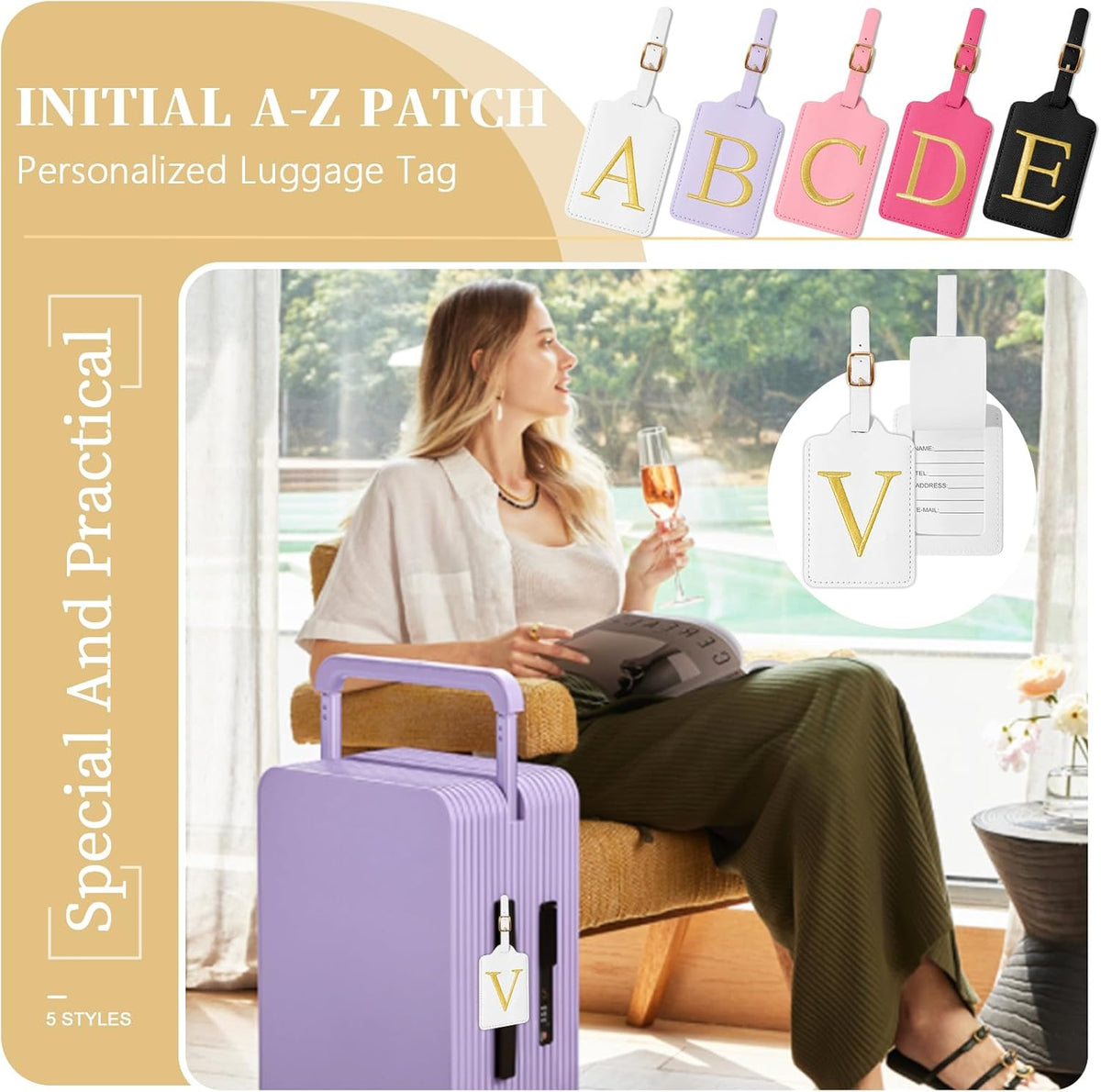 Personalized Initial Luggage Tags for Suitcase TSA Approved, White Leather Cute Luggage Tag with Privacy Cover Name Card, Embroidered Custom Luggage Tags Travel Baggage Tags Gifts for Women Kids(V)