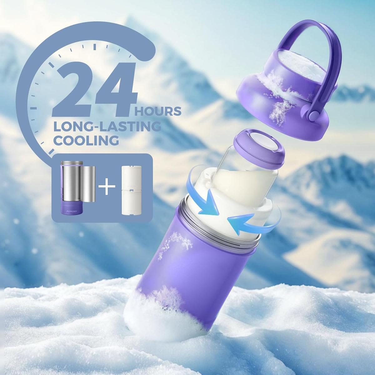 Momcozy 22oz Portable Breast Milk Cooler for Outdoor, Life Saver with 360° Total Cooling for 24 Hours, Larger Capacity Travel Breastmilk Chiller with 2pcs Baby Bottles for Breastmilk Storage, Purple