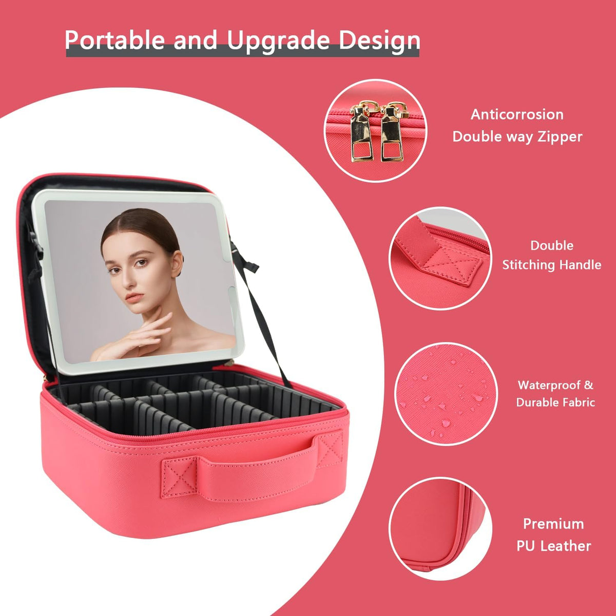 Makeup Bag with Led Mirror,Travel Makeup Organizer with 3 Color Setting, Portable Storage and Adjustable Dividers Travel Makeup Bag(light red)