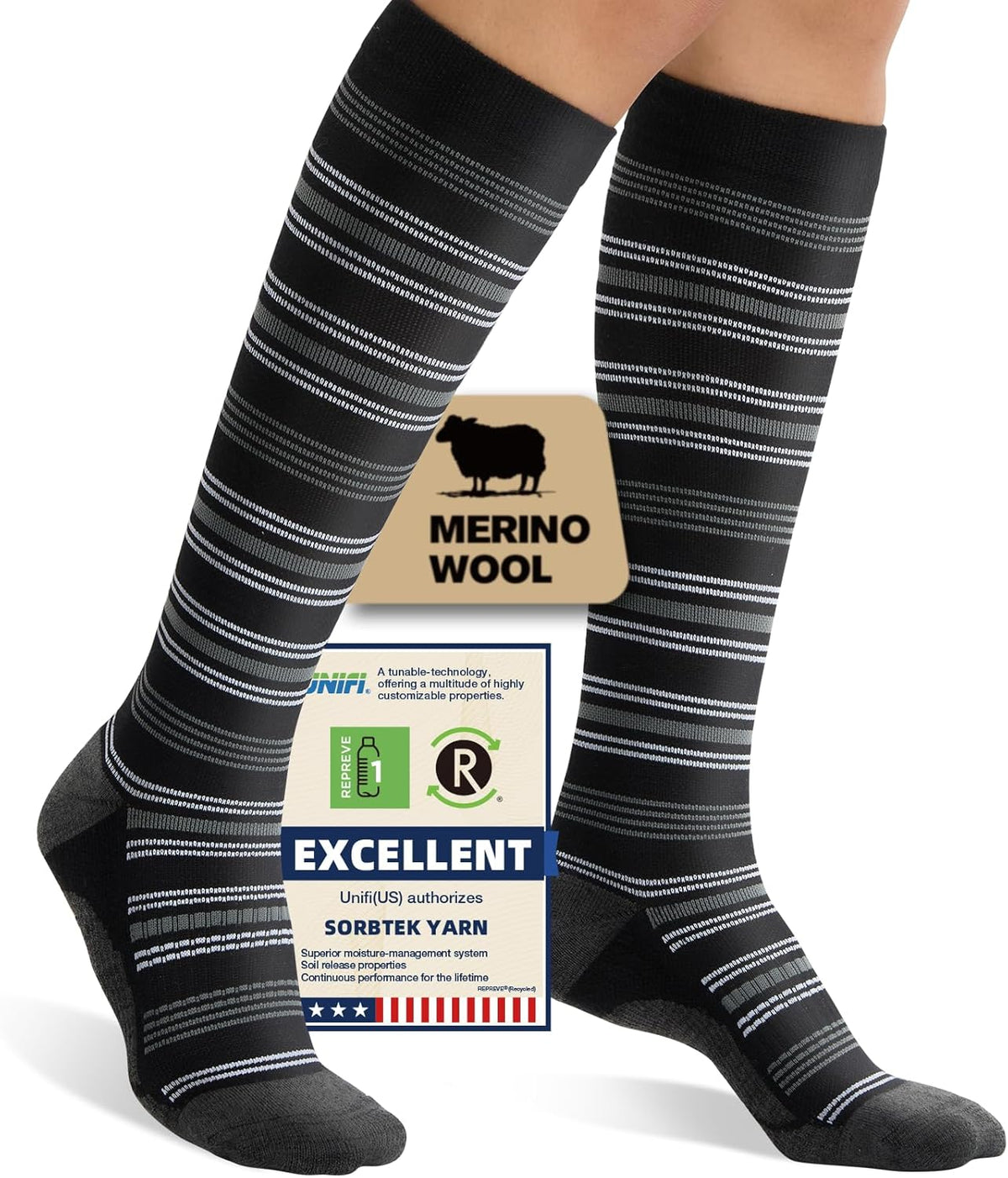 Merino Wool Compression Socks for Women Men, 15-20 mmHg Knee High Socks for Flying, Travel, Running