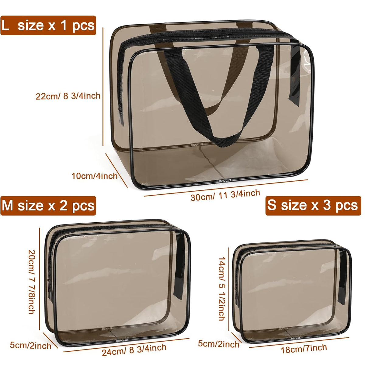 APREUTY Clear Makeup Bags, TSA Approved 6 Pcs Cosmetic Makeup Bags Set Clear PVC with Zipper Handle Portable Travel Luggage Pouch Airport Airline Vacation Organization (Black Brown)