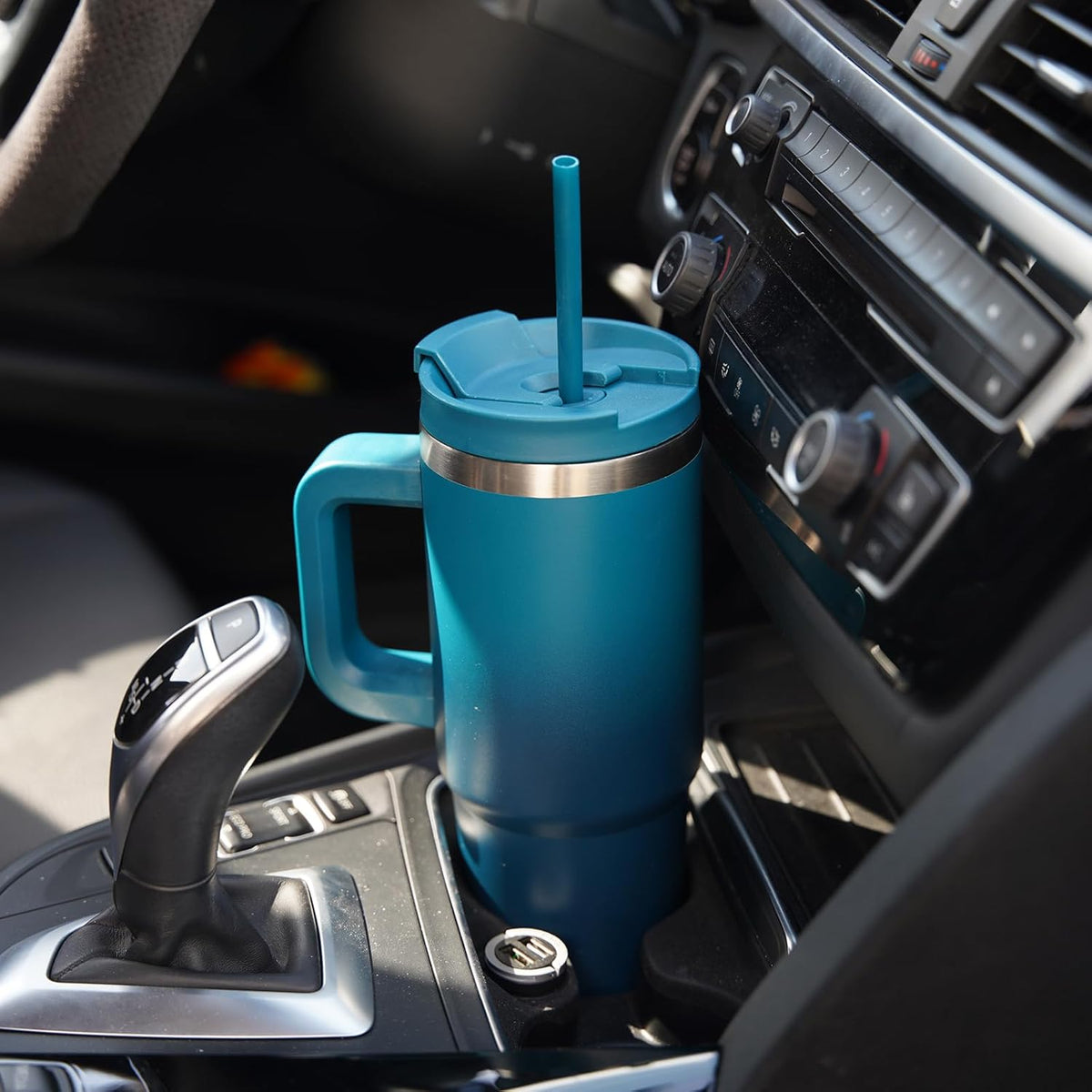 40 oz Tumbler with Handle and 2 Straws,2 in 1 Lid Insulated Water Bottle Stainless Steel Travel Coffee Mug,Sky