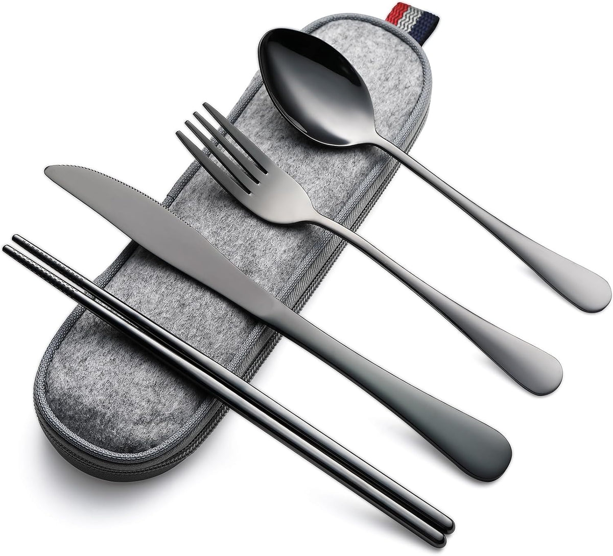 DEVICO Camping Utensils, Portable Travel Utensils with Case, Stainless Steel Reusable Silverware for Lunch Adult, 5Pcs Cutlery Set Includes Knife Spoon Fork Chopsticks and Case (Black)
