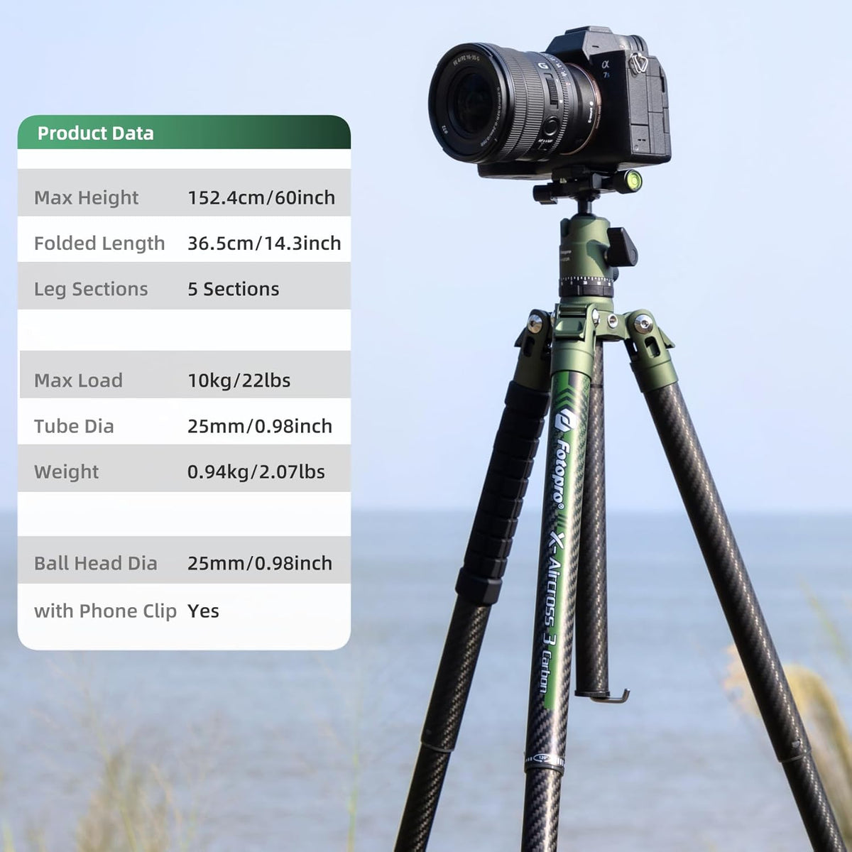 Fotopro Carbon Fiber Tripod 60 Inch 360 Degree Ball Head Quick Release Plate Lightweight Camera Tripod for Travel Tripod Folded Height Only 14.2",Max Loads up to 22lbs,Green
