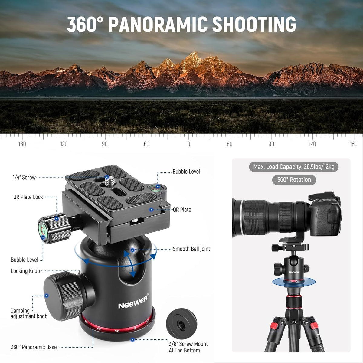 NEEWER 66"/168cm Carbon Fiber Tripod for Camera with 360° Panorama Ball Head, 1/4" Arca QR Plate, Portable Bag, Compact Travel Tripod Monopod for DSLR Video Camcorder, Max Load 26.5lb/12kg, N55C
