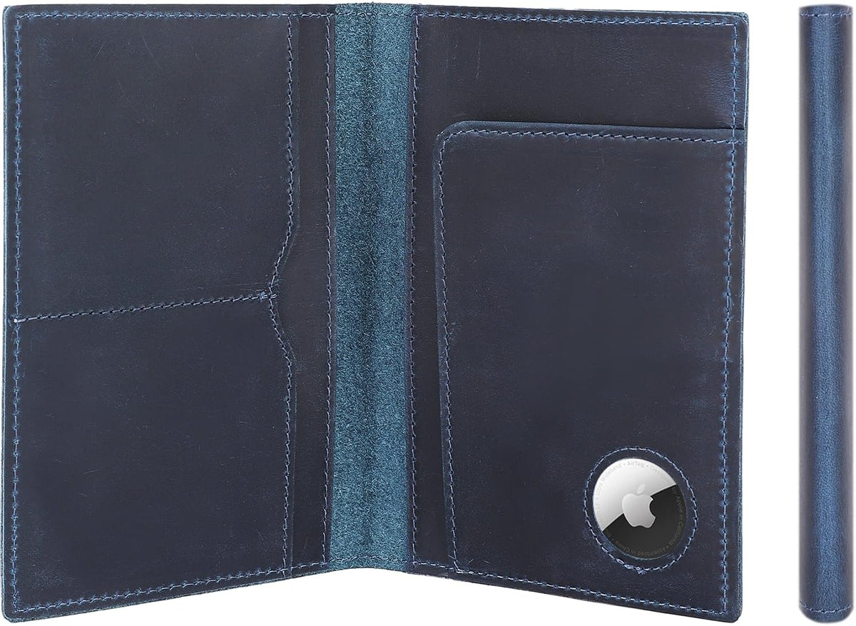 STAR VISTA Albatross Leather Travel Passport Holder, Minimalist Design, Full Grain Leather Case for Women and Men - Slim Passport Wallet, Bifold, RFID Blocking, with AirTag Holder, Navy Blue