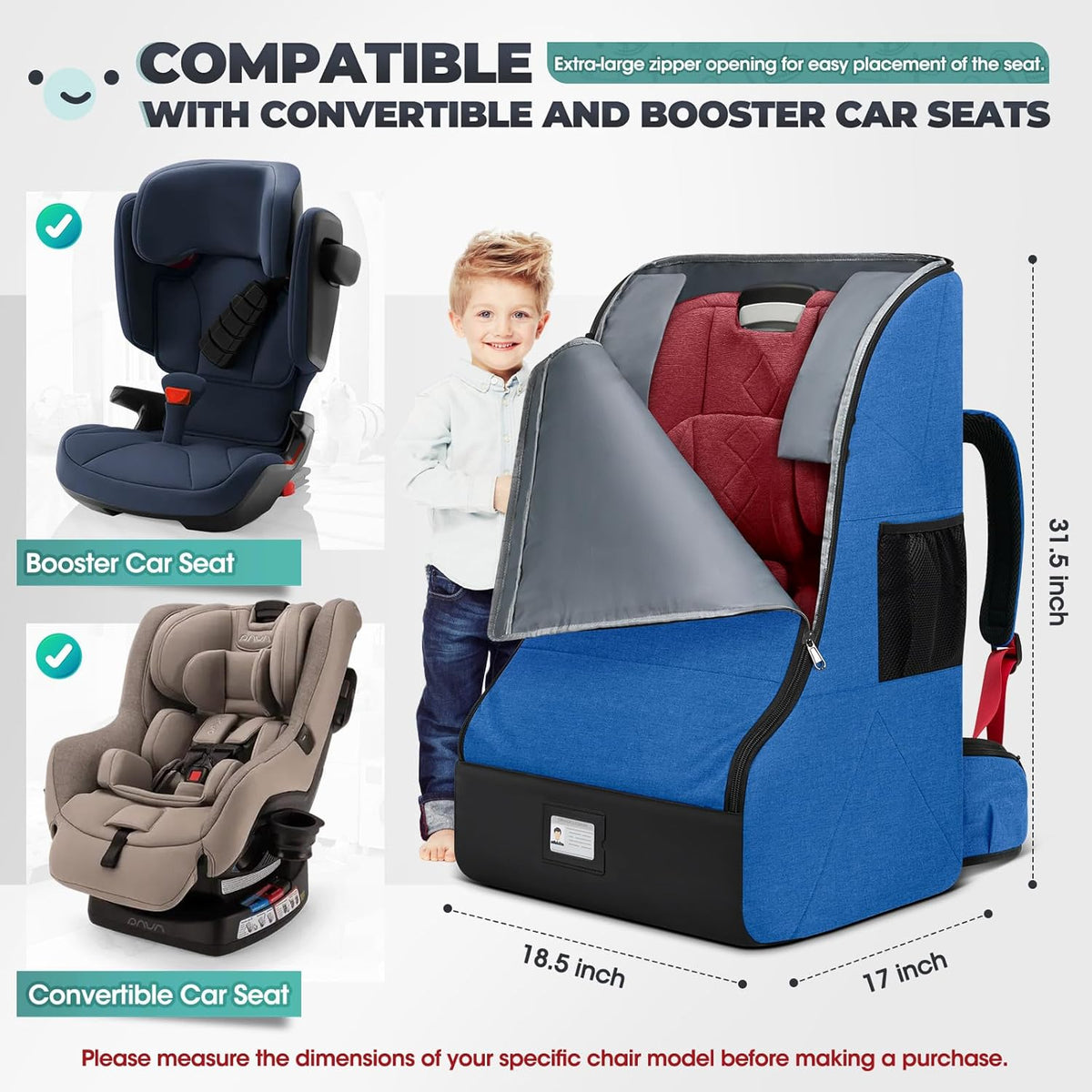 RAINSMORE Padded Car Seat Travel Bag for Airplane Heavy Duty Car Seat Backpack for Air Travel Baby Carseat Cover Bags for Airport Large Car Seats Carrier Fits Car Seats & Booster Seats,Blue