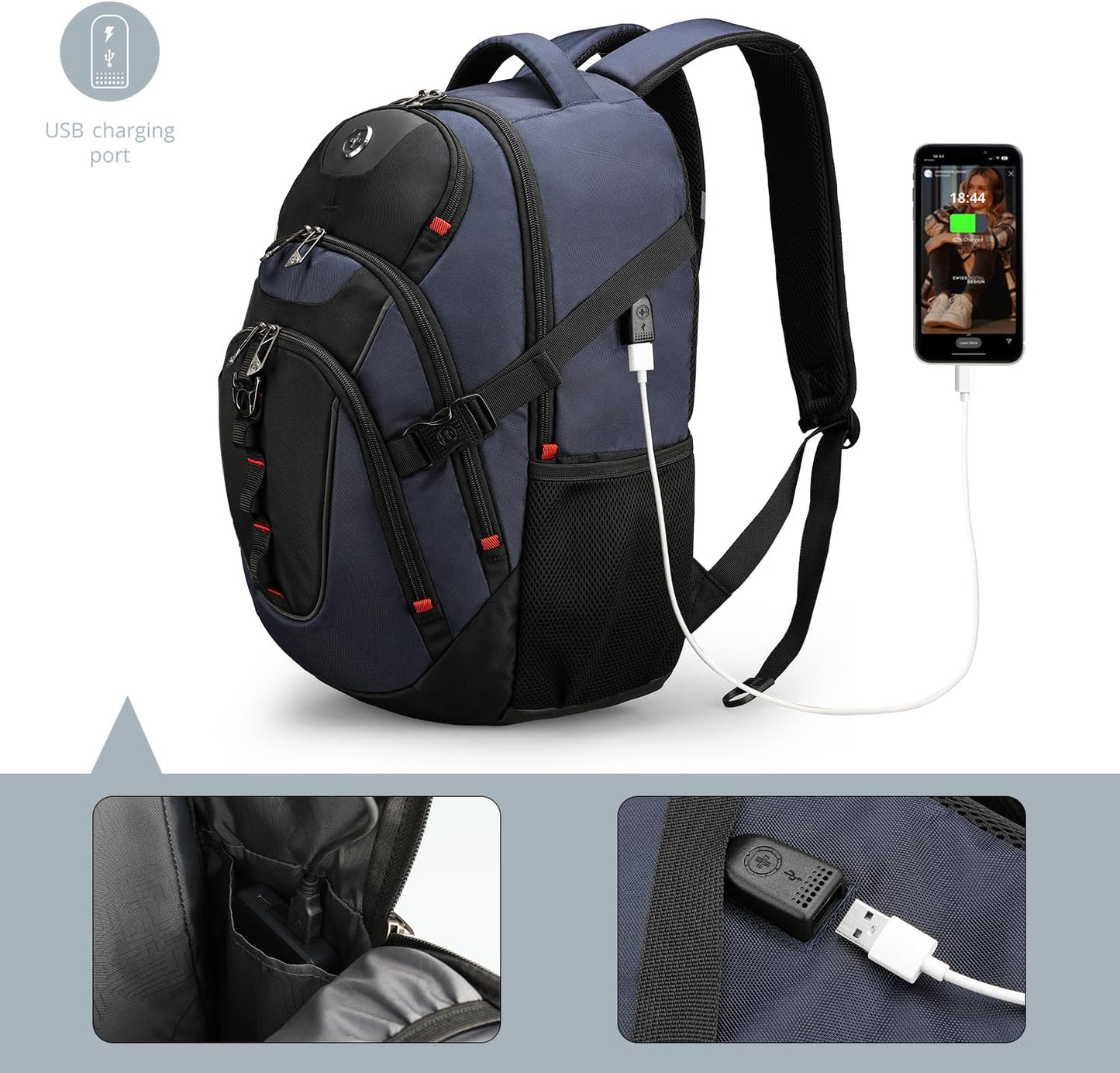 Swissdigital Design Travel Backpack for Men with Apple Find My, Laptop Backpack with USB Charging Port, RFID Protection, Add-A-Bag System - Travel Backpack for Men